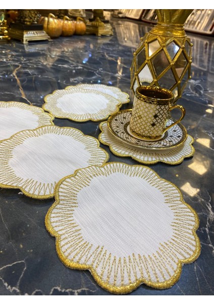 Shems Gold 6'lı Kokteyl Kahve Sunum Peçetesi Maraş Işi Sırma Nakış Işlemeli Gardenya Sunumluk fiyatları