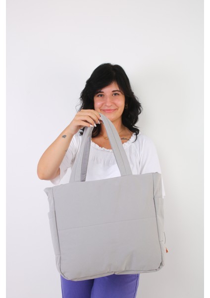 Soobepark 3 Bölmeli Shopper Puf Kumaş Kadın Omuz ve El Çantası Gri
