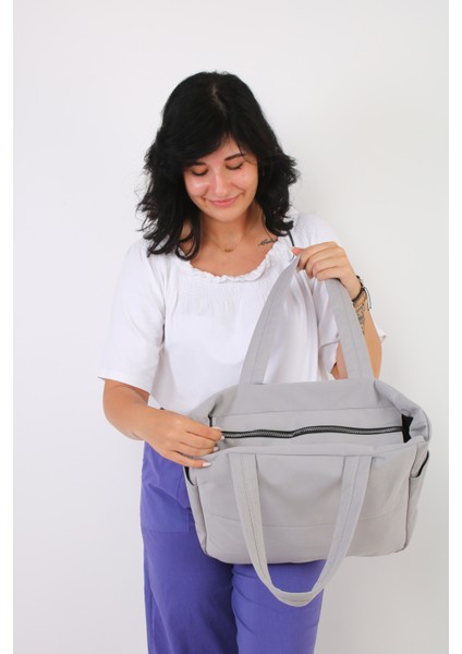 Soobepark 3 Bölmeli Shopper Puf Kumaş Kadın Omuz ve El Çantası Gri