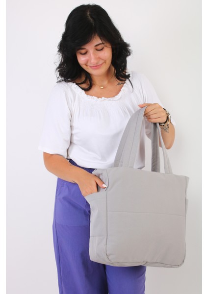 Soobepark 3 Bölmeli Shopper Puf Kumaş Kadın Omuz ve El Çantası Gri