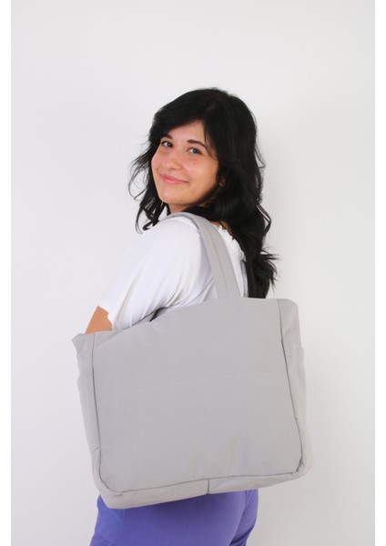 Soobepark 3 Bölmeli Shopper Puf Kumaş Kadın Omuz ve El Çantası Gri