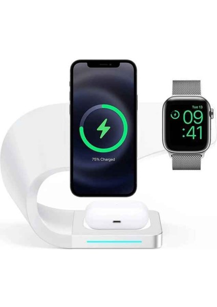 4in1 Megsafe 15W Hızlı Kablosuz Şarj Istasyonu Iphone Airpods Watch Uyumlu Beyaz