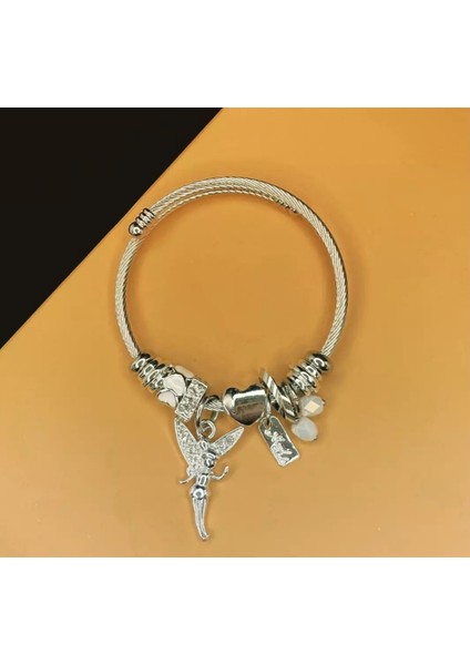 Zirkon Taşlı Melek Charm Çelik Bileklik