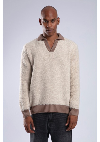 Bej Polo Yaka Peluş Kazak 3YXE2-47567-25