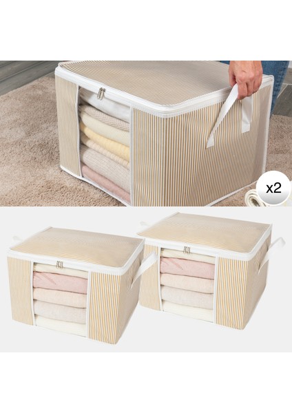 2 Adet Orta Boy Pencereli Çizgi Desen Baskılı Dolap içi Kıyafet Düzenleyici Hurç Seti 45x40x30 cm