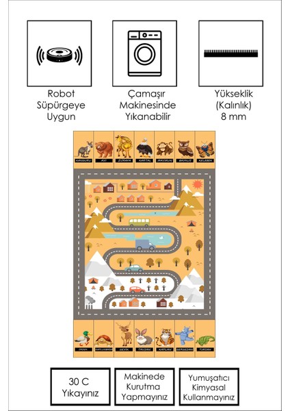 West Home Makinede Yıkanabilir Kaymaz Taban Leke Tutmaz Sarı Yol Desenli Bebek ve Çocuk Odası Halısı Oyun Matı