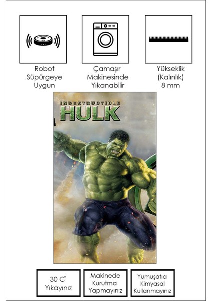Makinede Yıkanabilir Kaymaz Taban Leke Tutmaz Yeşil Süper Kahraman Desenli Bebek ve Çocuk Odası Halısı