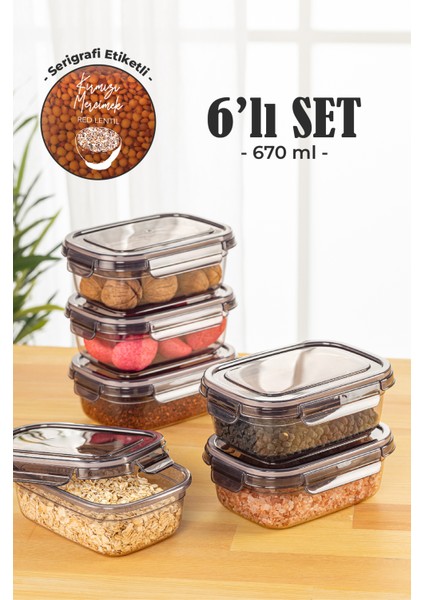 6'lı 0,67 lt Contalı Dikdörtgen Saklama Kabı Seti Serigrafi Etiketli