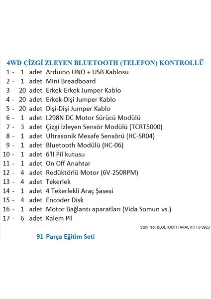 4WD Çizgi Izleyen Bluetooth (Telefon) Kontrollü Araç Kiti (Demonte)