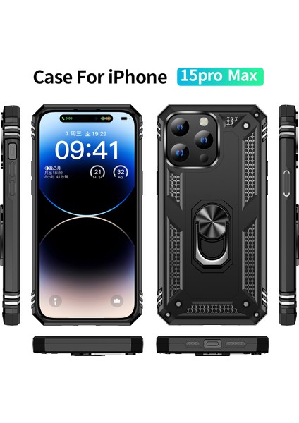 iPhone 15 Pro Max Kılıf Mıknatıslı Telefon Tutucu Yüzük ve Stant Özellikli Darbelere Full Korumalı