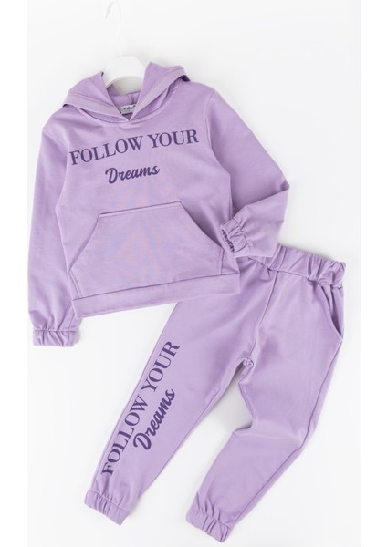 Yazı Baskılı Kapaüşonlu Kız Çocuk Eşofman Takımı