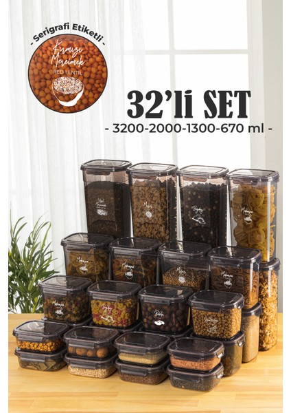 32'li Contalı Dikdörtgen Saklama Kabı Seti 8x(3,2 2 1,3 0,67 lt) Serigrafi Etiketli