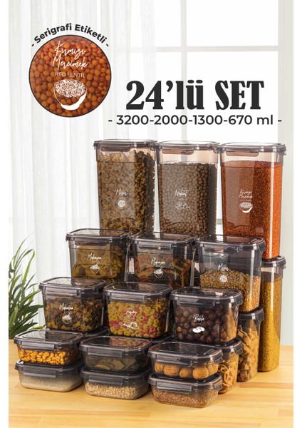 24'lü Contalı Dikdörtgen Saklama Kabı Seti 6x(3,2 2 1,3 0,67 lt) Serigrafi Etiketli