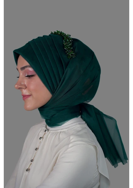 Elegance Scarf Hazır Şal 5-1 Geçmeli Drapeli Lüx Hayal Tül Kumaş Zümrüt Yeşili