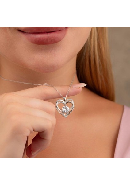 Beyaz Taşlı Kalp Gümüş Kolye