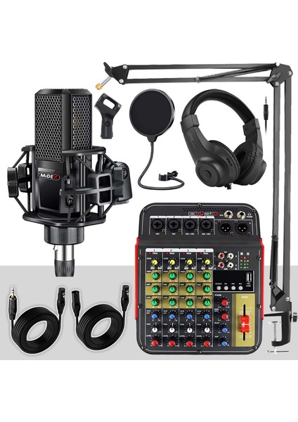 Rec Paket-3 Stüdyo Kayıt Paketi MX-2020 Mikrofon Phantomlu Mikser Kulaklık Stand Filtre