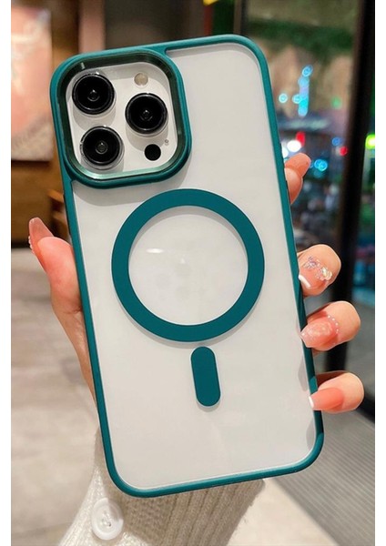 iPhone 15 Pro Kılıf Renkli Kenar Şeffaf Kamera Çevresi Metal Magsafe Tpu Silikon