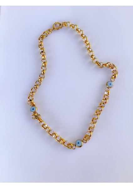 Çelik Kolye Nazar Boncuklu Halka Zincir Kolye Kalın