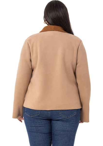 Büyük Beden Şal Yaka Içi Kürklü Kısa Süet Vizon Ceket modelleri