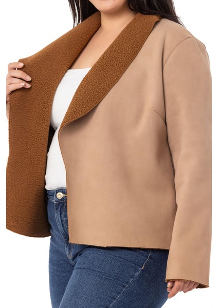 Büyük Beden Şal Yaka Içi Kürklü Kısa Süet Vizon Ceket fırsatları