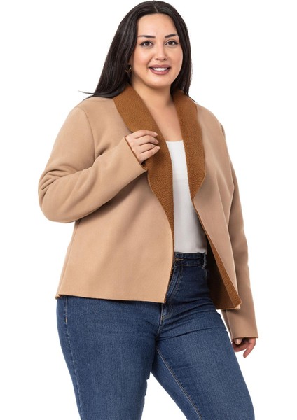 Büyük Beden Şal Yaka Içi Kürklü Kısa Süet Vizon Ceket indirimleri