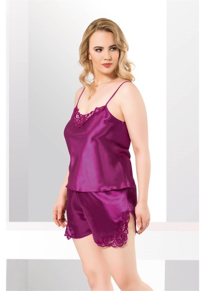GECEPARILTISI Büyük Beden Mor Saten Babydoll Şort Takımı