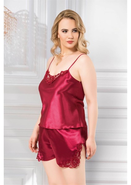 GECEPARILTISI Büyük Beden Mor Saten Babydoll Şort Takımı