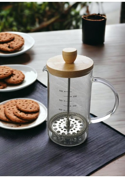 Bambu Kapaklı French Press 600 ml Ölçekli THN-68110