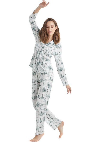 Kadın Uzun Kol Gömlek Yaka Desenli Pijama Takım C5T1N2O35