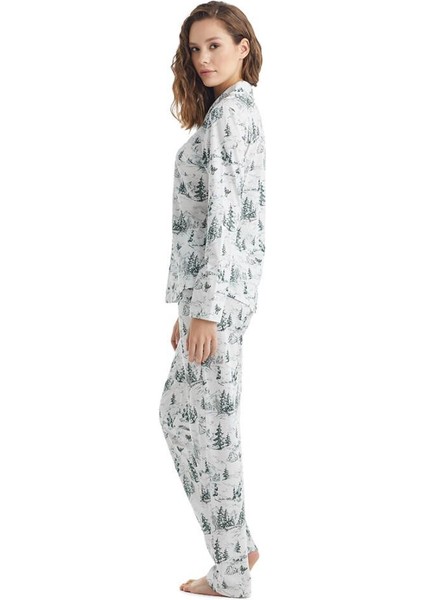 Kadın Uzun Kol Gömlek Yaka Desenli Pijama Takım C5T1N2O35