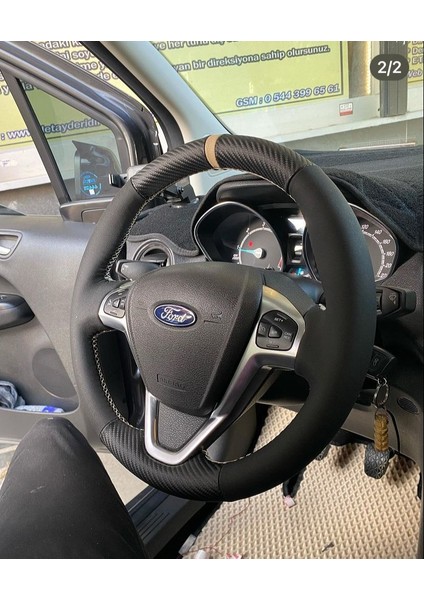 Ford Fiesta -Courier Tuşlu Uyumlu Spor Süet Karbon Desen Bej Yüzüklü Bej Dikiş Direksiyon Kılıfı