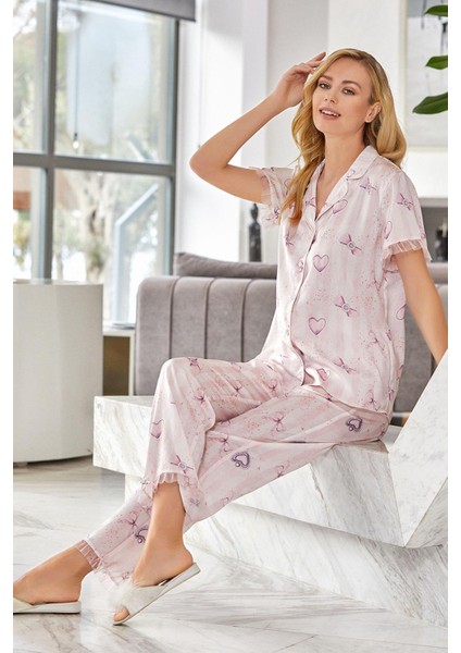 Kadın Kısa Kol Gömlek Yaka Desenli Pijama Takım 2C3T5N69 fiyatları