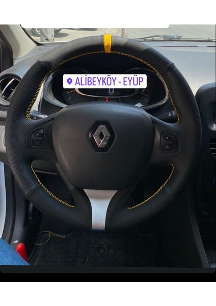 Renault Clio 4 Joy Noktalı Süet Kombin Sarı Şerit Sarı Dikişli Direksiyon Kılıfı