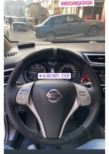 Nissan Qasqai-Xtrail-Navara 2014 Uyumlu Tüylü Alkantra Gri Şeritli Gri Dikiş Direksiyon Kılıfı