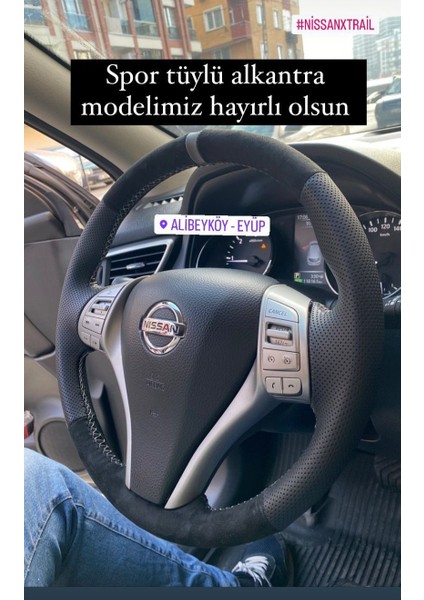 Nissan Qasqai-Xtrail-Navara 2014 Uyumlu Tüylü Alkantra Gri Şeritli Gri Dikiş Direksiyon Kılıfı