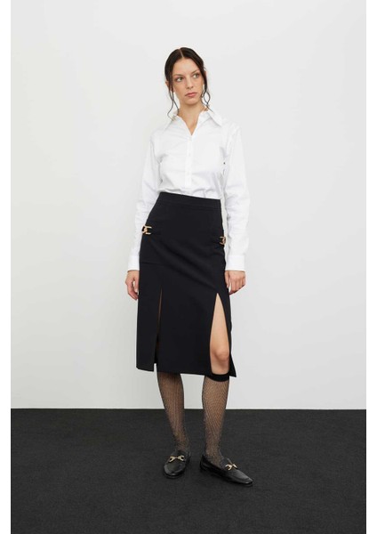 Aksesuar Detaylı Diz Altı Etek Siyah K2415013_001