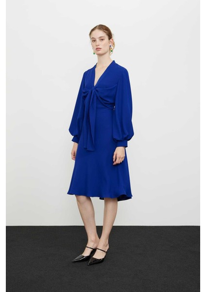 Fiyonk Bağlamalı Balon Kollu Elbise Saks K2411011_021