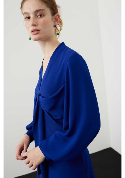 Fiyonk Bağlamalı Balon Kollu Elbise Saks K2411011_021 modelleri