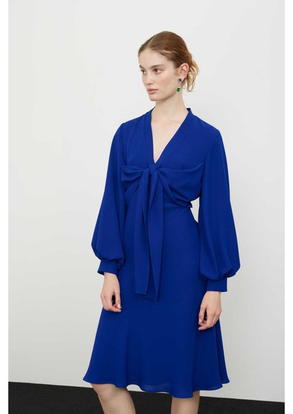 Fiyonk Bağlamalı Balon Kollu Elbise Saks K2411011_021 fırsatları