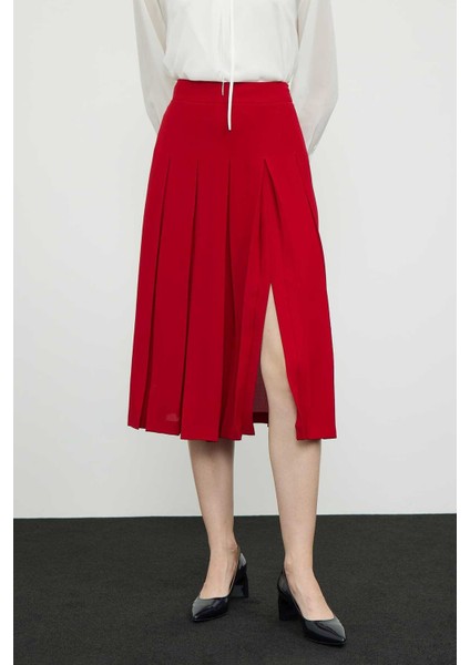 Pileli Ve Yırtmaçlı Crep Etek Kırmızı K2415049_006 modelleri