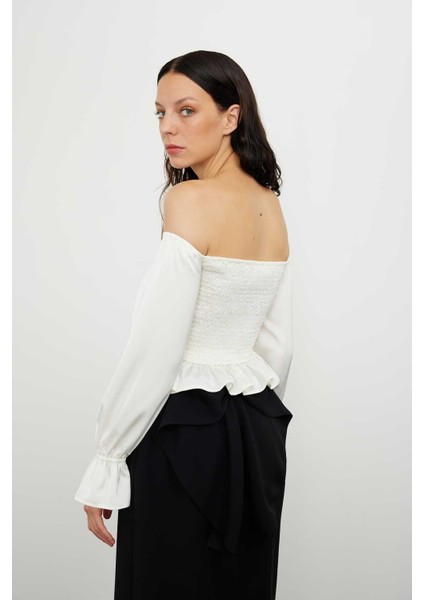 Saten Düşük Omuz Gipeli Bluz Ekru K2413038_049 fiyatları