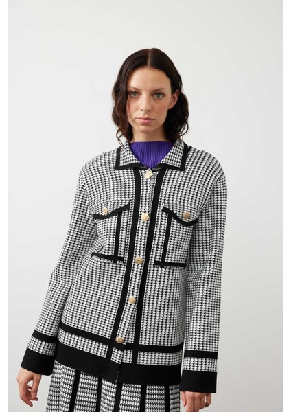 Kazayağı Desen Triko Ceket Siyah-Beyaz K2472007_210
