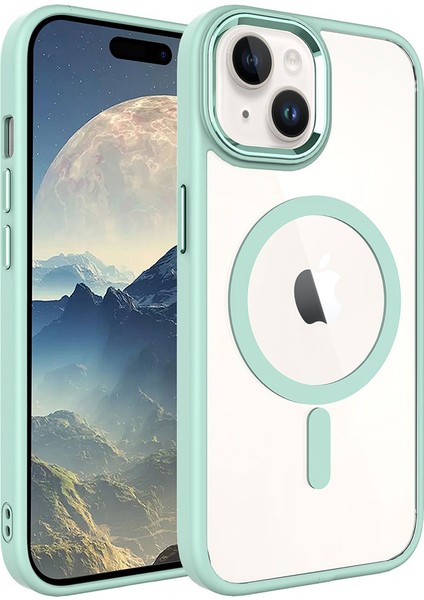 Apple iPhone 15 Plus Kılıf Renkli Kenar Şeffaf Kamera Çevresi Metal Magsafe Tpu Silikon