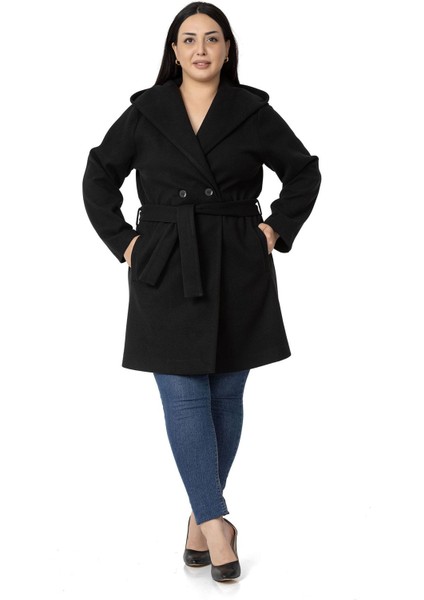 Büyük Beden Kapüşonlu Fleto Cepli Kuşaklı Siyah Kaban