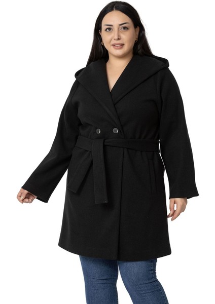 Büyük Beden Kapüşonlu Fleto Cepli Kuşaklı Siyah Kaban fiyatları