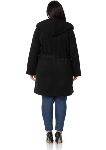 Büyük Beden Kapüşonlu Fleto Cepli Kuşaklı Siyah Kaban modelleri