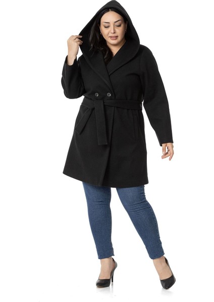 Büyük Beden Kapüşonlu Fleto Cepli Kuşaklı Siyah Kaban fırsatları