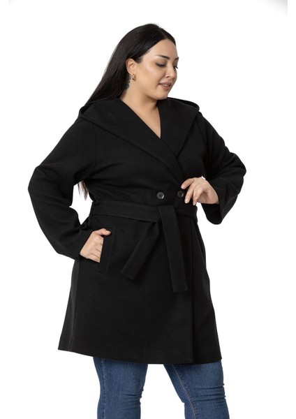 Büyük Beden Kapüşonlu Fleto Cepli Kuşaklı Siyah Kaban indirimleri