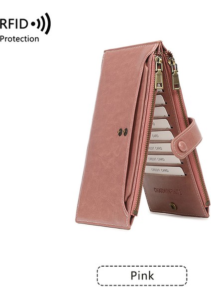 Pembe Rfıd Kadınlar Uzun Cüzdan Çift Fermuarlı Telefon Çanta Deri Klasör Büyük Kapasiteli Debriyaj Çanta Kadın Çanta Anti-Hırsızlık Kart Tutucu (Yurt Dışından)