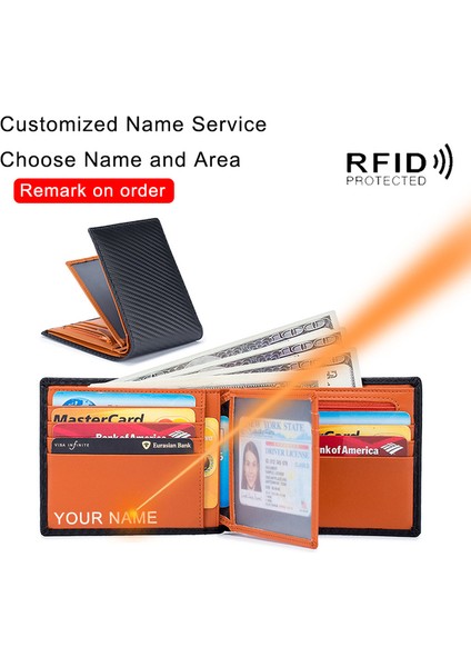 Turuncu (Isim Hizmeti) Rfid Beyefendi Hakiki Deri Erkek Cüzdan Karbon Çantalar Çanta Erkekler Için Ince Ince Mini Cüzdan Kart Sahibinin Kısa Erkek Lüks Cüzdan (Yurt Dışından)